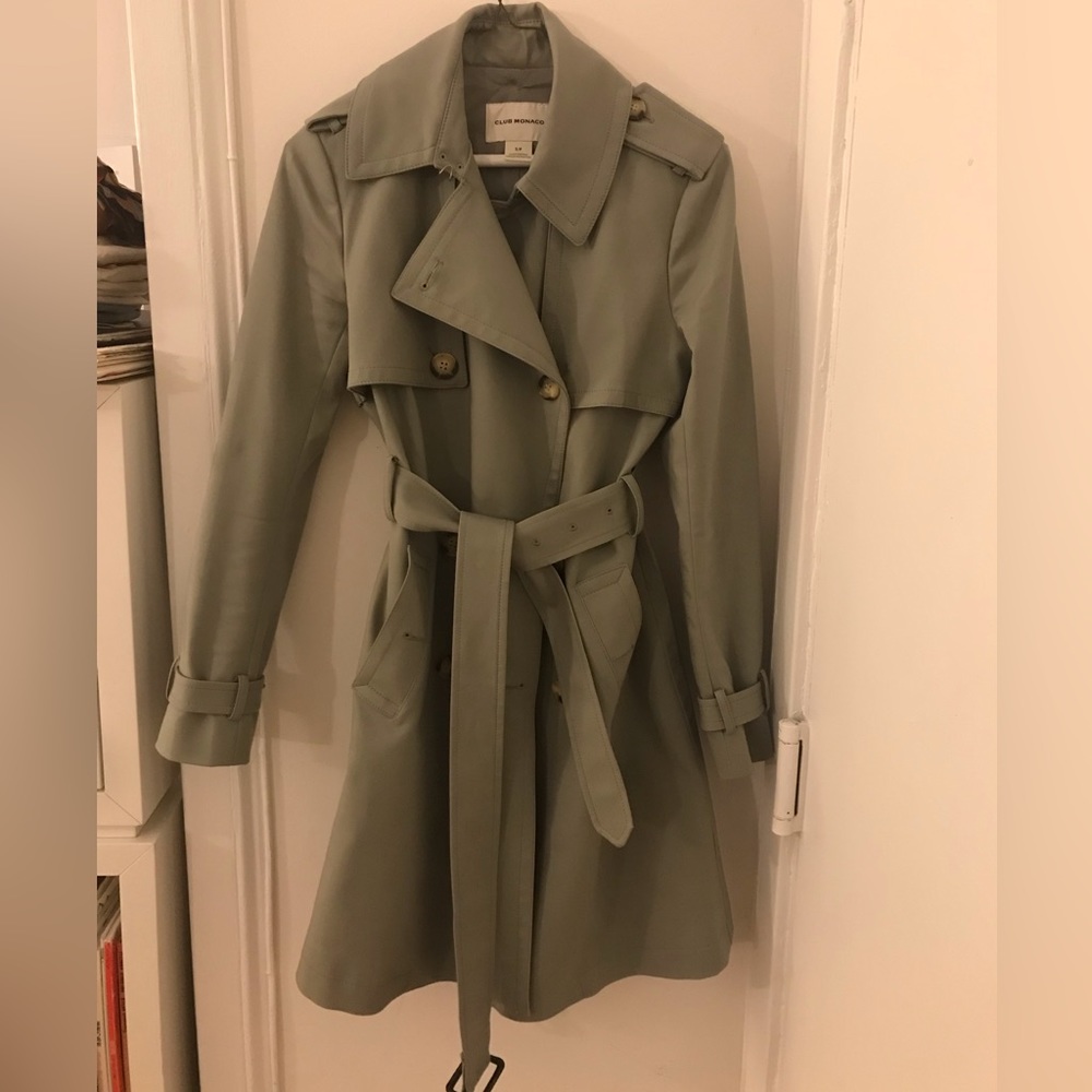 Club Mónaco sage green trench coat. Marie Trench Coat.